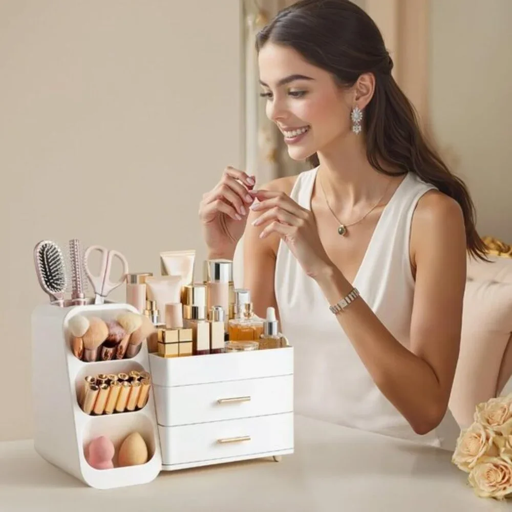 Makeup Organizer with Brush Holder, Large All-White Vanity & Skincare Storage